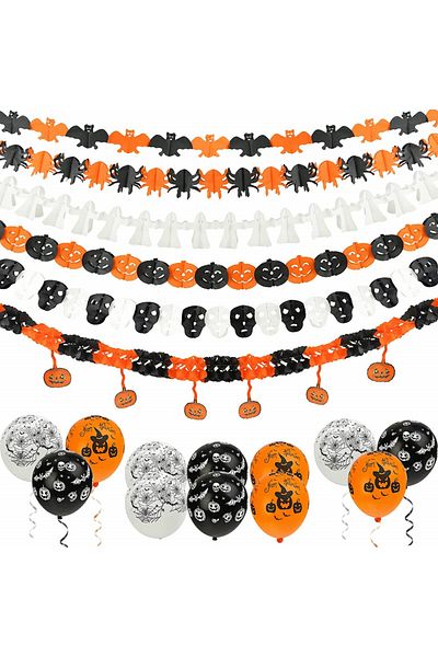 Koogel Set of 6 garlands and 12 balloons for Halloween Koogel, white/black/orange, paper/latex