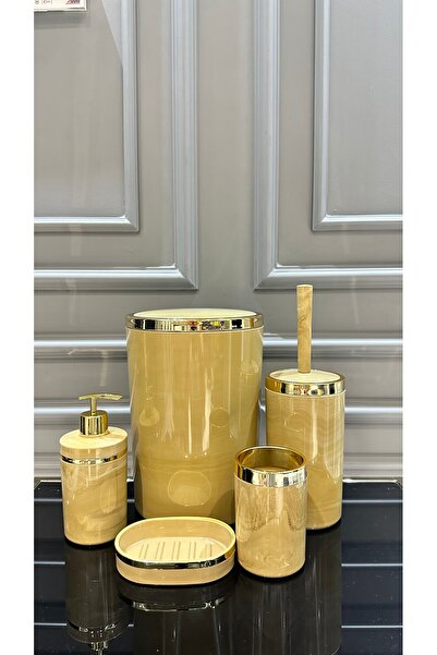Vakıf home 5 Parça Akrilik Mermer Gold Kovalı Banyo Seti