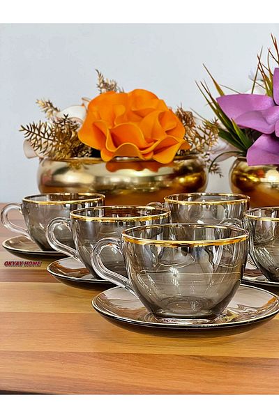 P&ORA PREMIUM KITCHEN PRODUCTS Basic Cup Set 12 Pieces for 6 People Smoked Gold Gilded (Real) Tea Set Coffee Set Gift