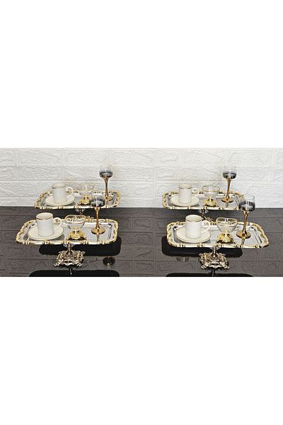 atabey home collection 6 قطع صينية تقديم فضية اللون بإطار ذهبي وردي وصينية قهوة وشاي 32 سم
