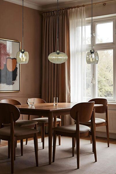 Bamyum Üçlü Lunex Cam Bal Rengi Avize İnce Eskitme Başlık Sarkıt Yemek Masası Üstü Iç Mekan Cafe Otel