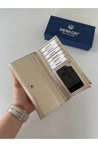 DERKON Çift Kapaklı %100 Hakiki Deri Kadın Cüzdanı Gold Renk