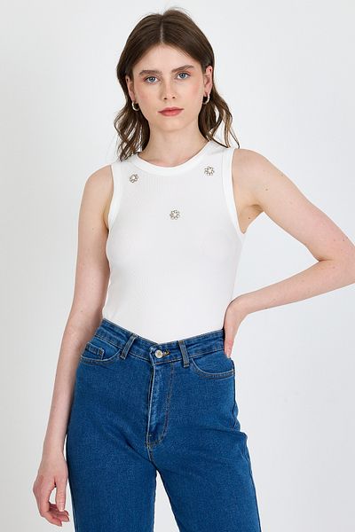 Rays Ecru Pearl Stone Detailed Halter Neck Ribbed Undershirt 0649