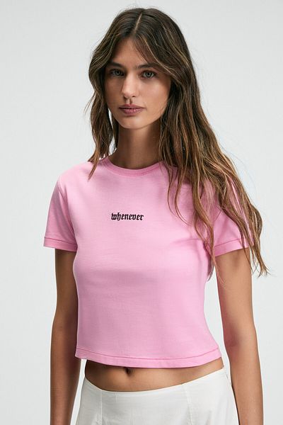 GRIMELANGE Zeraya Women's Crew Neck Short Sleeve Crop Pink T-Shirt with Embroidery Detail on the Front