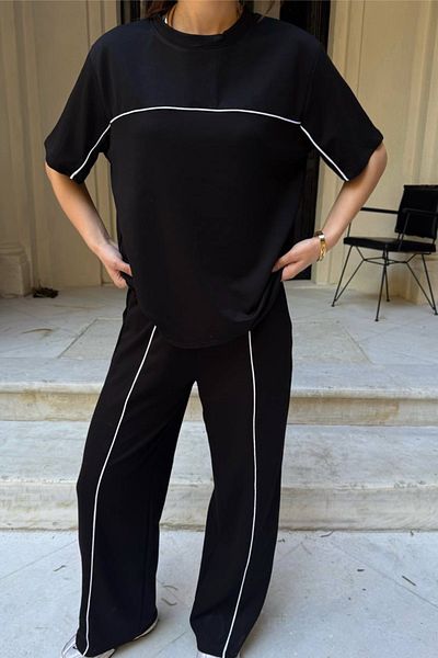 Ded COLLECTION Women's Slim Piping Detailed Short Sleeve Top Wide Leg Pants Modal Comfortable Two-Piece Suit