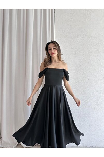popibutik Kadın Ayarlanabilir Tül Kol Detaylı Midi Elbise