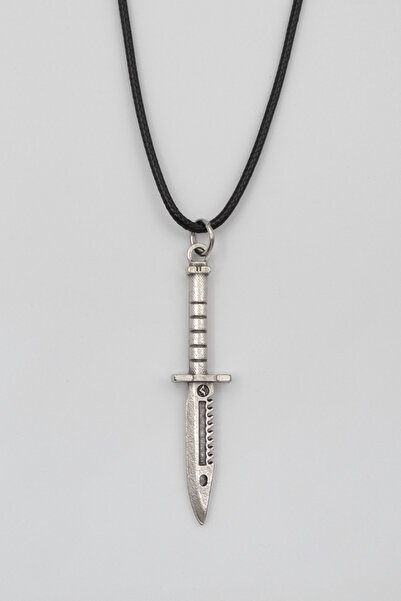 Bu Farklı Testere Dişli Taktik Bıçak Siyah Deri İp Kolye - Antik Gümüş Kaplam...