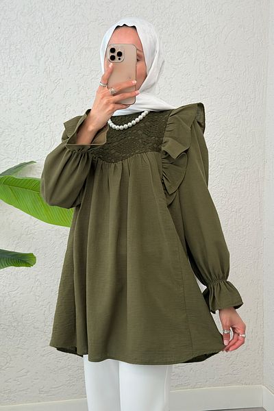 Salih Çelebi Shoulder Ruffle Detailed Tunic 2044 - Dark Khaki