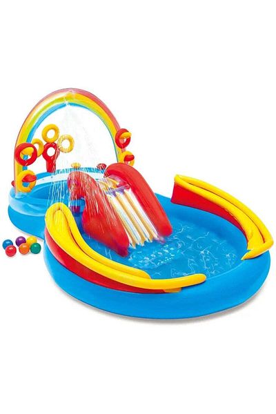 Generic Piscina de Joaca Gonflabila - Tobogan, Pulverizator Apa - Jocuri Interactive - 297x193x135cm - Rainb