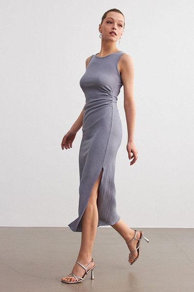 Trendseninle Women's Lilac Maxi Length Slit Waist Gathered Detail Crinkle Dress