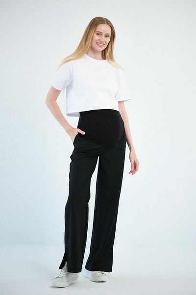 BUSA Maternity Stretchy Tummy Band Adjustable Waist Slit Trousers Black