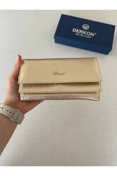 DERKON Çift Kapaklı %100 Hakiki Deri Kadın Cüzdanı Gold Renk