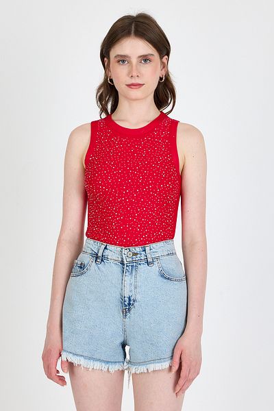 Rays Red Stone Embroidery Detailed Halter Neck Knitted Tank Top 0349