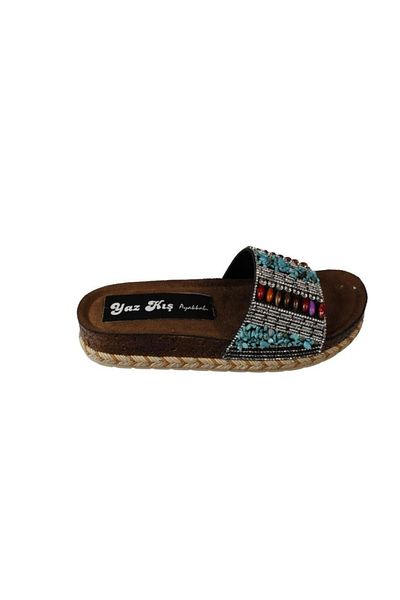 Yaz Kış Ayakkabı Yazkiş Women's Black Gold Beaded Stone 4cm Thick Sole Wrap Cork Sole Slippers