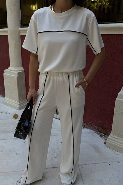 Ded COLLECTION Women's Slim Piping Detailed Short Sleeve Top Wide Leg Pants Modal Comfortable Two-Piece Suit