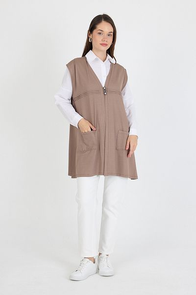 larocci Women's Standard V Neck Line Detailed Sleeveless Pocket Short Vest