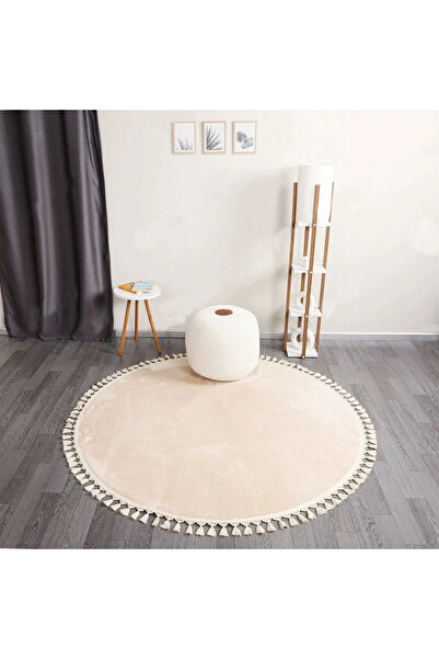 LİNOS HOME Puffy Cream Round Pompom Fringed Plush Carpet Runner Hallway Carpe...