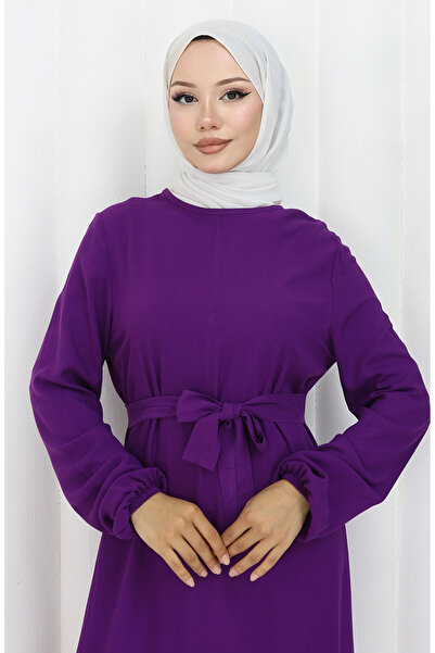 sefamerve Eteği Fırfırlı Kuşaklı Elbise 4103-08 Mor