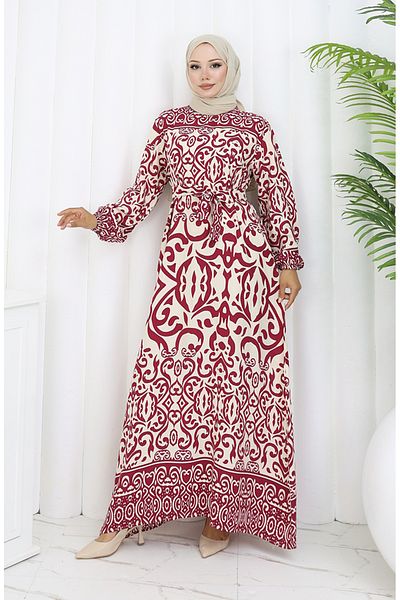sefamerve Φόρεμα με σχέδιο ζωσμένο 2091-05 Claret Red Beige