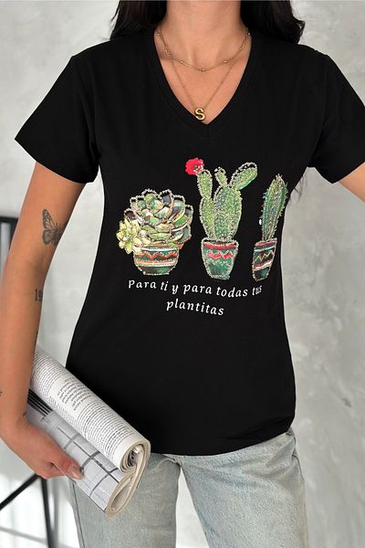 FEMELLE Tricou negru pentru femei, 100% bumbac, cu decolteu în V, paiete de cactus și broderie brodate