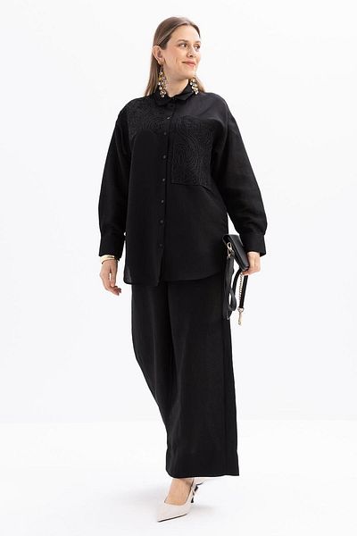 ALLDAY Black-Embroidery Detailed Linen Trousers Suit