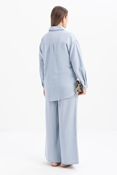 ALLDAY Mavi-Büyük Cepli Keten Pantolonlu Takım