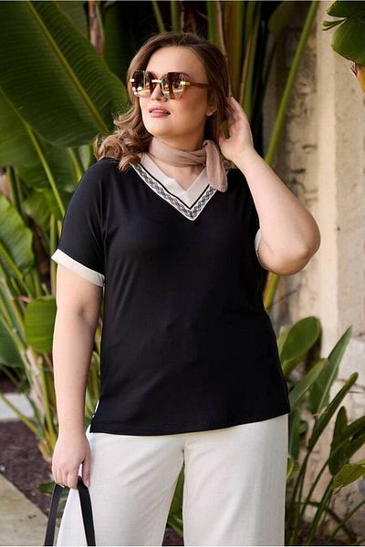 FOR ESRA BIG TREND Women's Plus Size V-Neck Beige Garni Tulle Pattern Short Sleeve Side Slit Stretchy Viscose Blouse