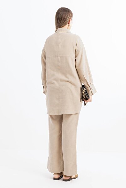 ALLDAY Σετ παντελόνι μουσελίνας με λεπτομέρεια μπεζ-ραφής