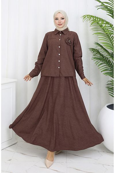 sefamerve Rose Detailed Shirt Skirt Σετ δύο τεμαχίων 2088-07 Καφέ