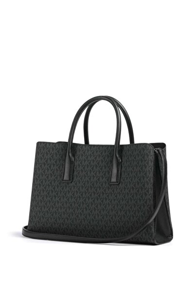 Michael Kors Women's Leather Mk Text Pattern Short Handle Wide Black Shoulder Bag 30S5S9Rs3V-Black