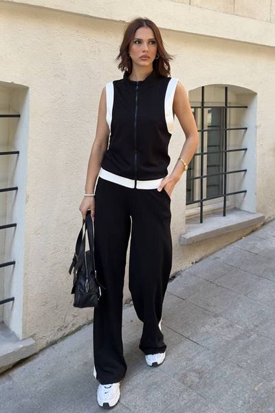 Ded COLLECTION Women's Sleeveless Stripe Detailed Zippered Short Vest Wide Leg Pants Double Sports Suit