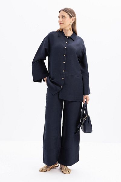 ALLDAY Indigo-Wide Folded Slit Linen Trousers Suit