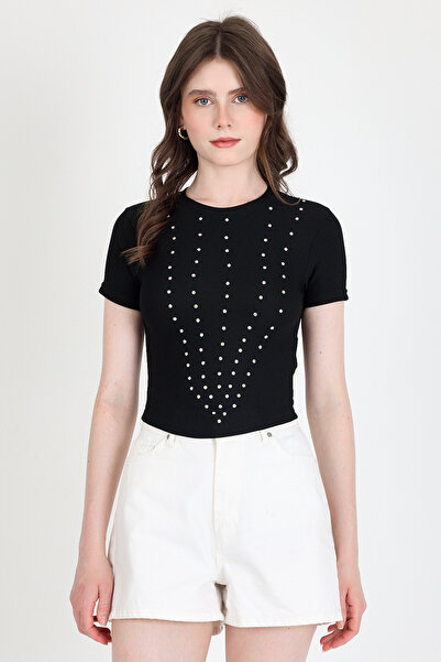 Rays Tricou negru cu decolteu rotund, cu detaliu de broderie, slim fit 1149