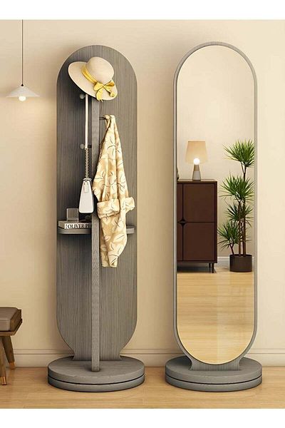Taimi 360 Degree Rotating Mirror with Clothes Hanger and Storage Shelf for Bedroom Gray 166x46cm