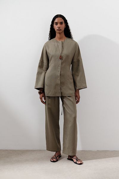 Manuka Linen Pleated Wide Pants Khaki