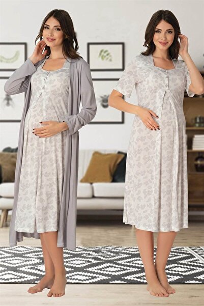 Lohussa Women's Gray Patterned Special Design Cotton Maternity Maternity Dressing Gown, Nightgown Set