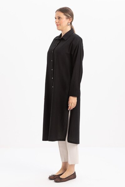 ALLDAY Siyah-Yırtmaçlı Patlı Uzun Gömlek