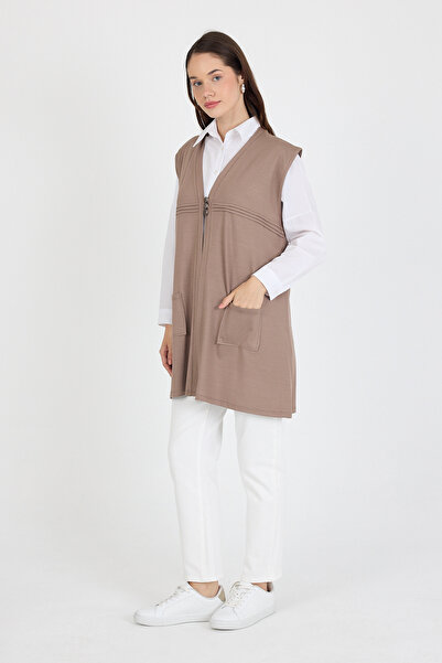 larocci Women's Standard V Neck Line Detailed Sleeveless Pocket Short Vest