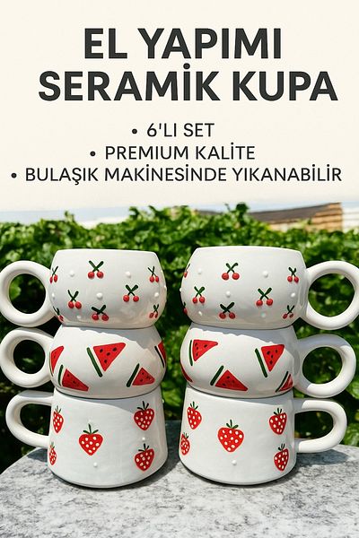 BB TRADE Handmade 6-Piece Watermelon Cherry Apple Patterned Ceramic Mug