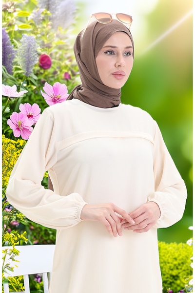 sefamerve Side Slit Long Tunic 4104-07 Cream