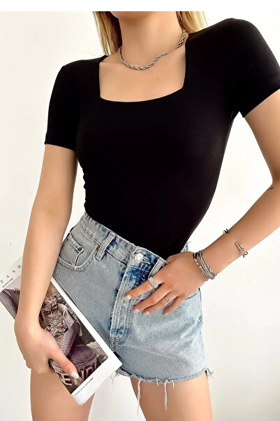 modazoom Γυναικεία μπλούζα με κοντό μανίκι με τετράγωνο λαιμό