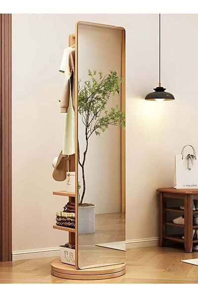 Taimi 360 Degree Rotating Floor Mirror and 2 in 1 Coat Rack for Bedroom and Living Room 166x56cm Beige