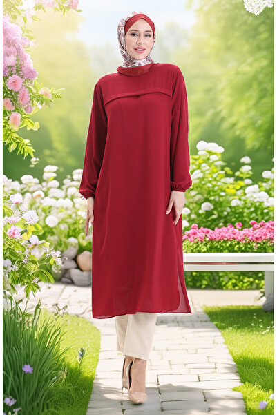 sefamerve Yandan Yırtmaçlı Uzun Tunik 4104-06 Bordo