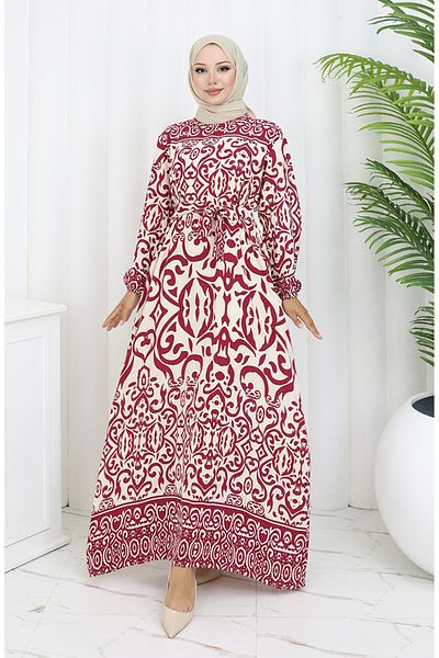 sefamerve Φόρεμα με σχέδιο ζωσμένο 2091-05 Claret Red Beige