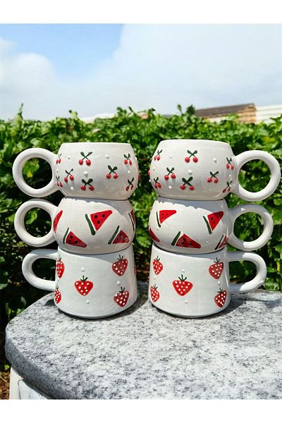 BB TRADE Handmade 6-Piece Watermelon Cherry Apple Patterned Ceramic Mug