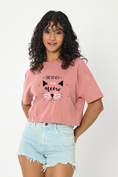 Windy Island Γυναικείο μπλουζάκι με λαιμόκοψη Cat Miow με τύπωμα Crop