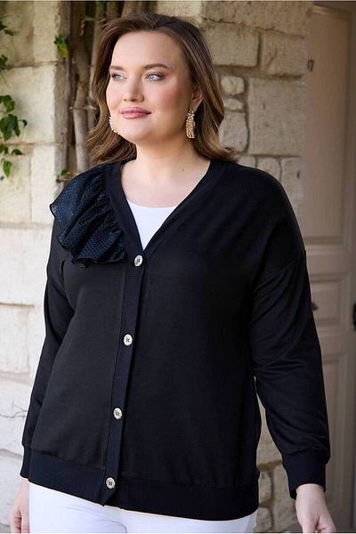 FOR ESRA BIG TREND Women's Plus Size V-Neck Ruffle Detail Buttoned Stretchy Viscose Cardigan