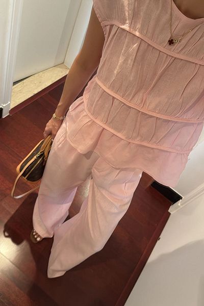 FMN Collection Linen Fabric Drape Sewing Detail Zero Sleeve Blouse Palazzo High Waist Pants Double Stylish Suit