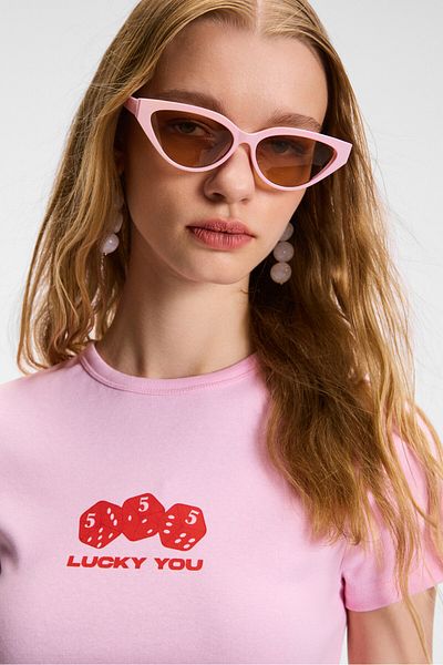 GRIMELANGE Novelle Women's Crew Neck Short Sleeve Front Printed Crop Pink T-Shirt