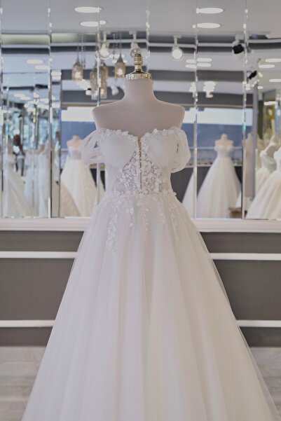 ESLİNA MODA Kırık Beyaz 3D Dantelli Drape Helen Model Gelinlik